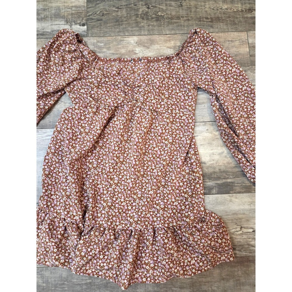Floral Long Sleeve Mini Dress Brown Lilac Ruffle Hem Babydoll S A4602U54A31